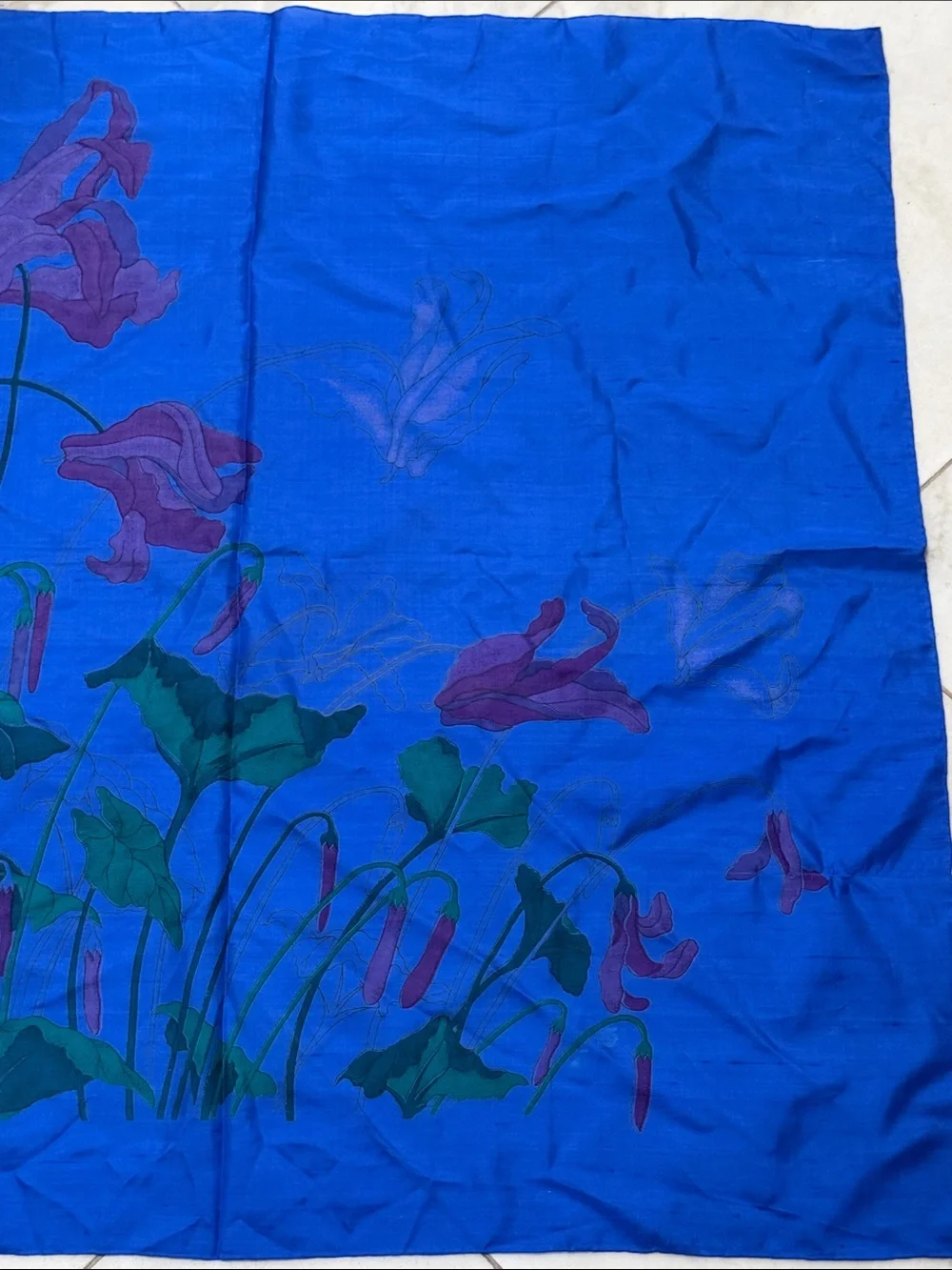 Vibrant Blue Floral Silk Scarf block printed stunning 35” by 36”